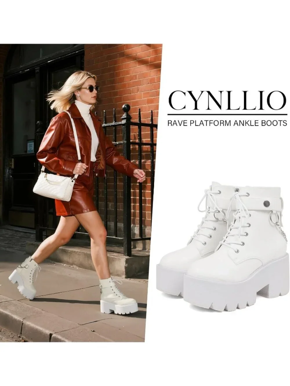 Women's White Rubber Platform Chunky Wedge Lace Up Chain Zipper Ankle Booties